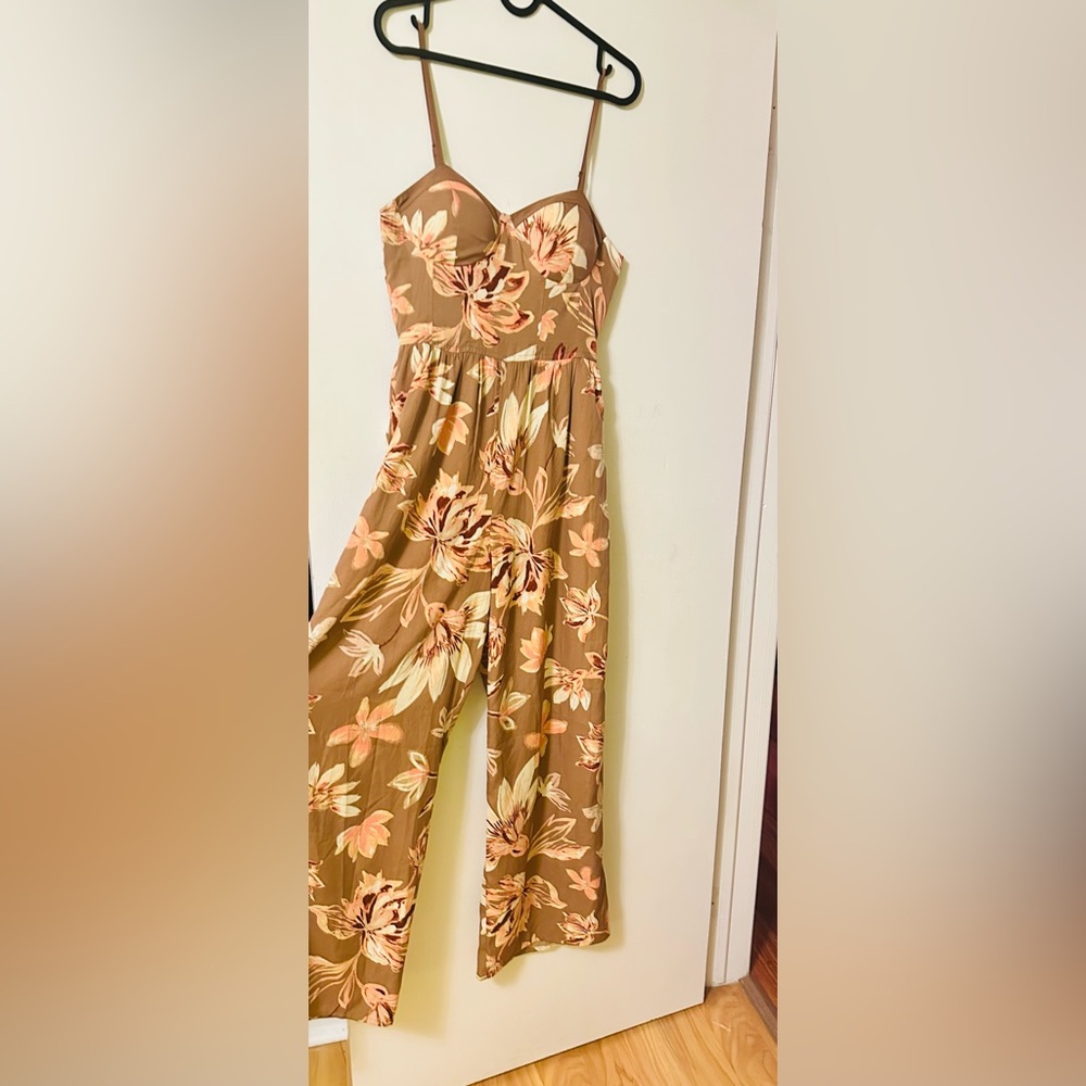 SHEIN Brown and Cream Floral Jumpsuit with Wide-Leg Silhouette